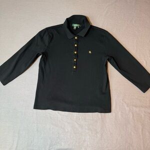 Ralph Lauren Womens Top Black 3/4 Sleeve Gold Button Sz S Green Label